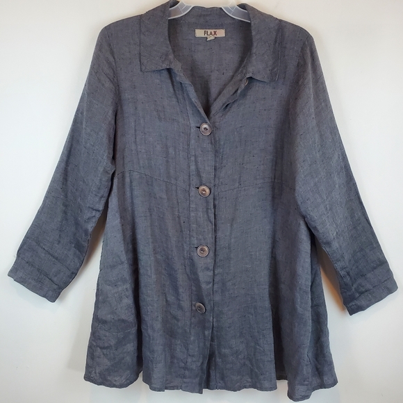 Flax Tops - FLAX Gray 100% Linen Button Down Blouse Top Size Small Womens